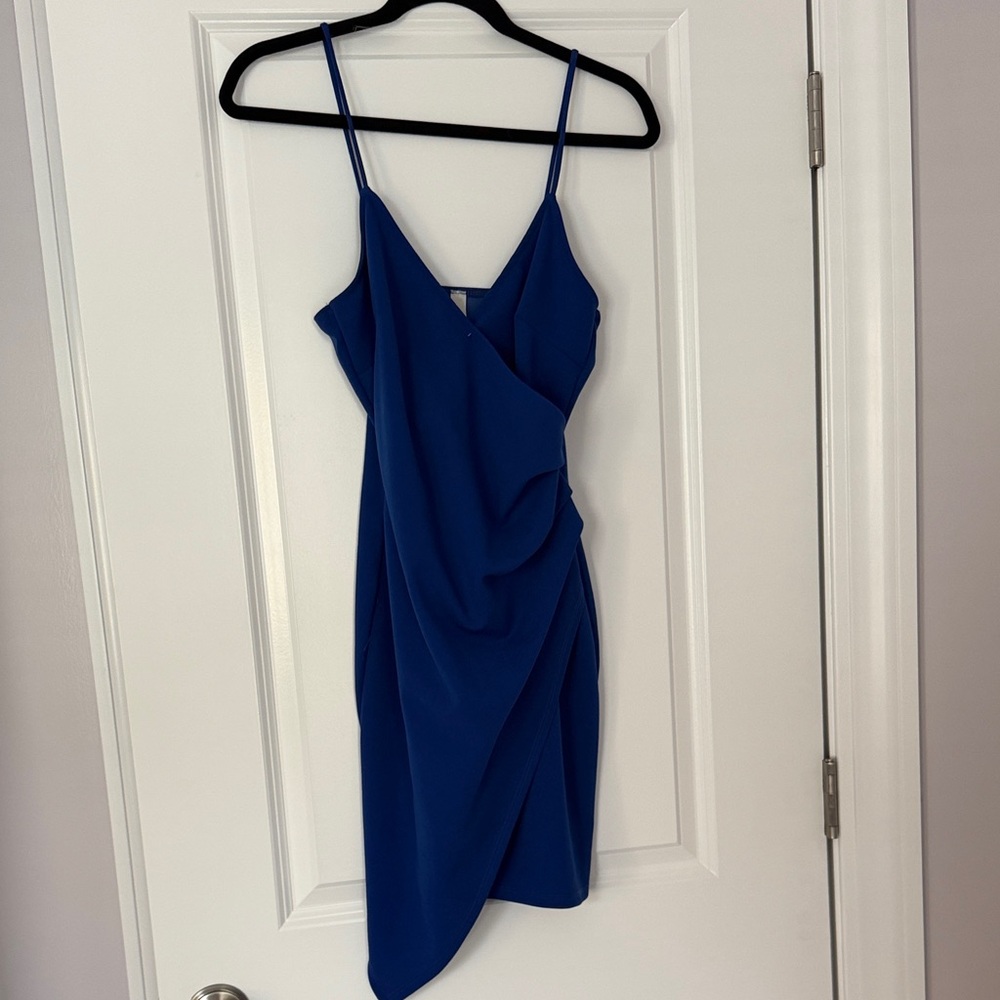 Chic Midnight Blue V Neck Asymmetrical Mini Dress M